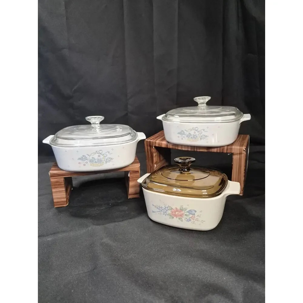 Corningware Set 3 Peice + Lids Pink Blue Symphony Flowers Baking Dishes Nice..